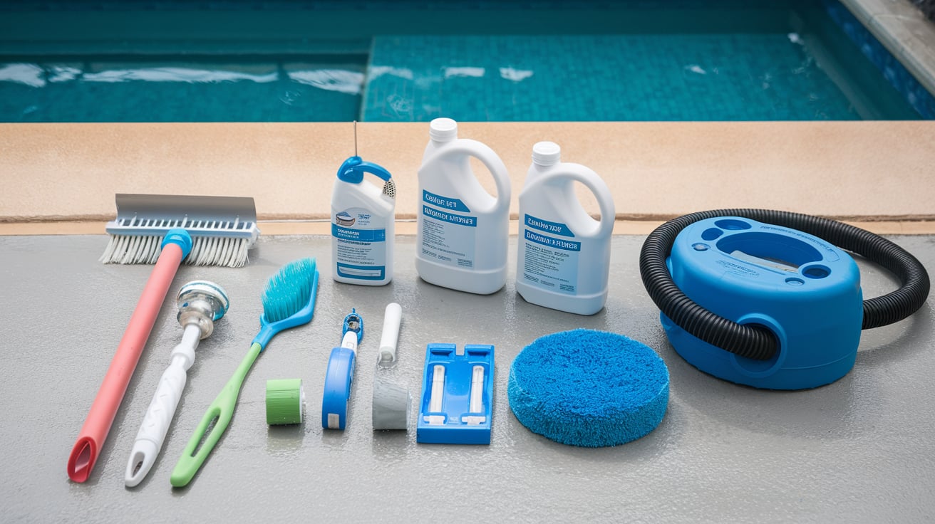 Swimming pool cleaning tools and chemicals.