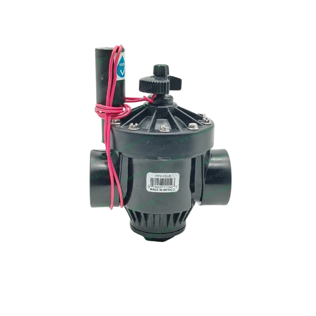 Black irrigation solenoid valve with red wiring for automated water flow control in irrigation systems