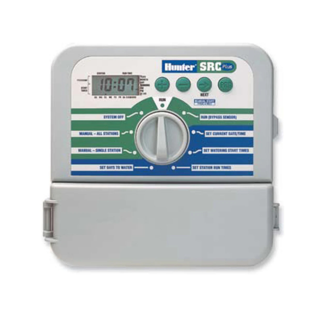 Hunter SRC Plus irrigation controller with digital display and rotary dial for managing watering schedules.