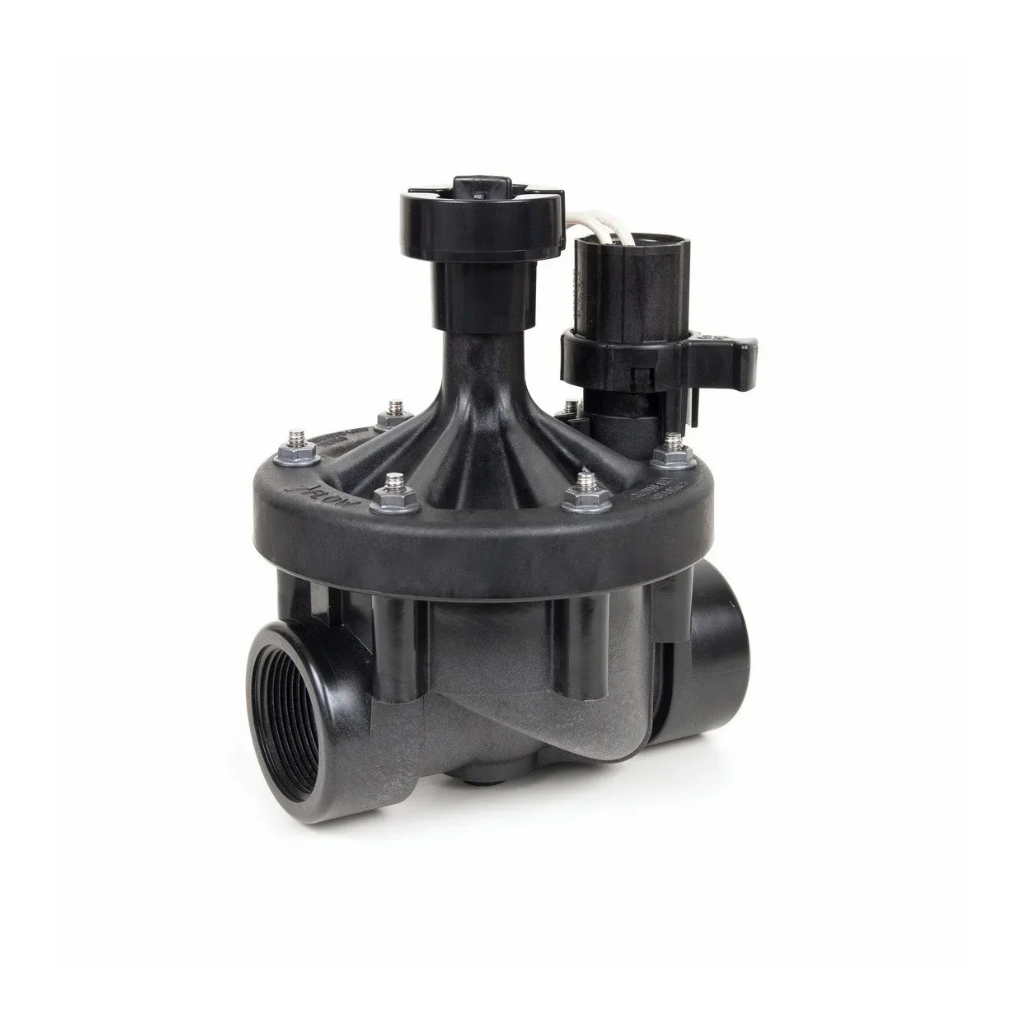 Black irrigation control valve with solenoid for automated water flow management in irrigation systems.