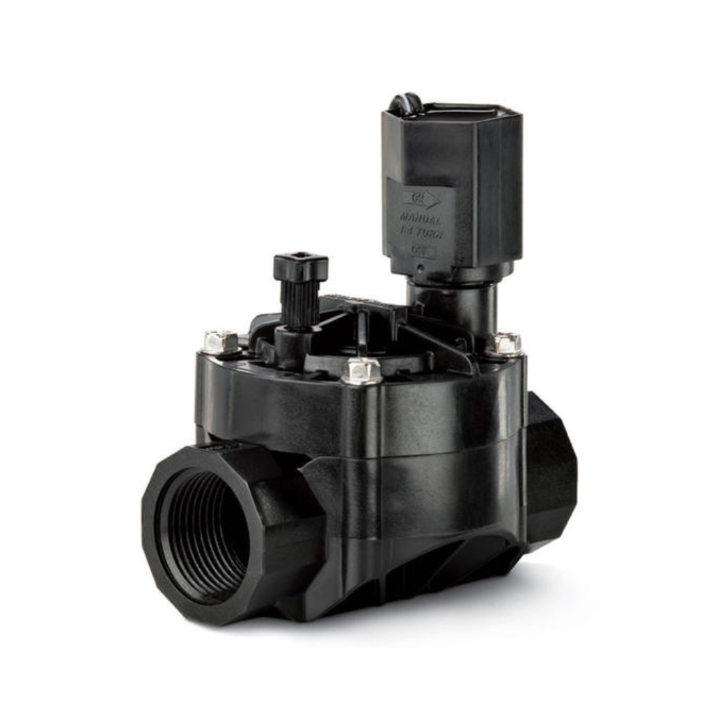 Black irrigation solenoid valve for automatic water flow control in irrigation systems.