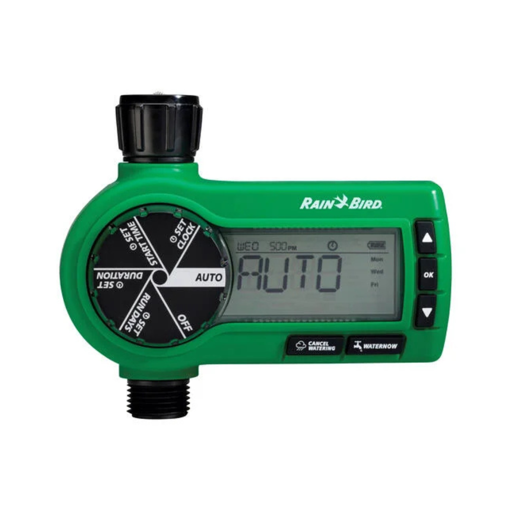 Rain Bird green automatic irrigation timer with digital display for water scheduling