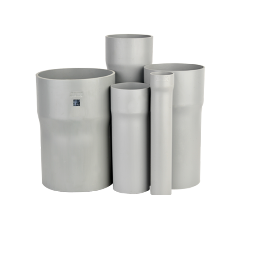 Grey PVC pipe fittings of varying sizes for industrial and plumbing applications.