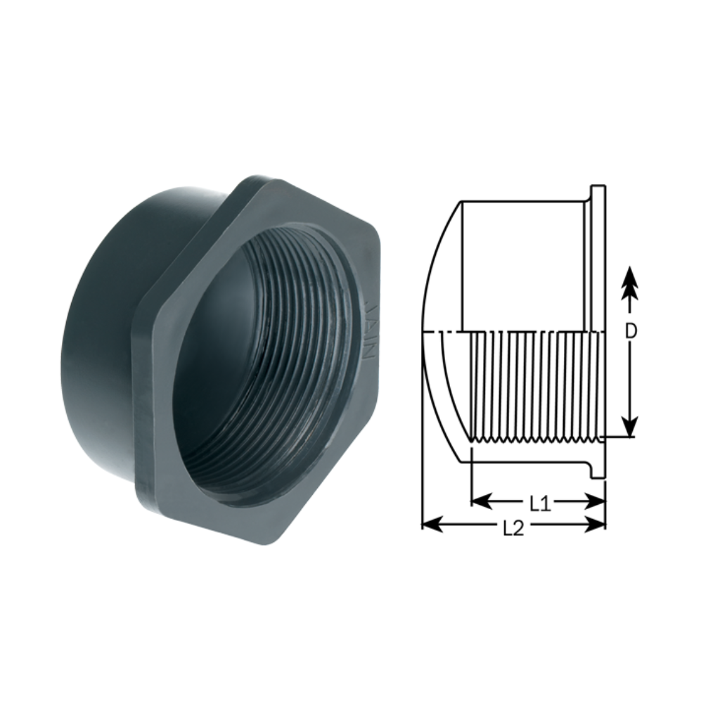 Black threaded PVC pipe reducer fitting with technical drawing for dimensions.