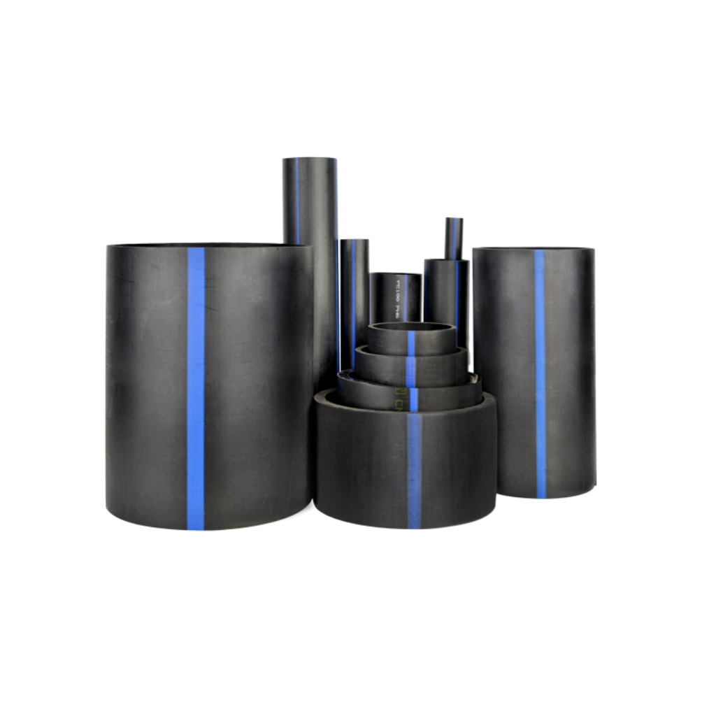 Black HDPE pipes with blue stripes in various sizes for water and industrial applications.