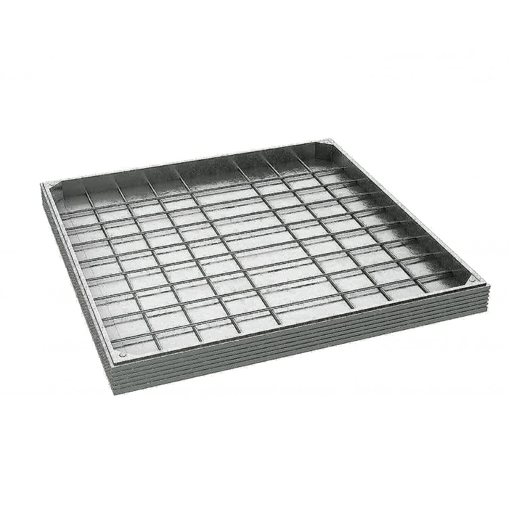 Galvanized steel grating panel with a grid design for industrial and drainage applications.