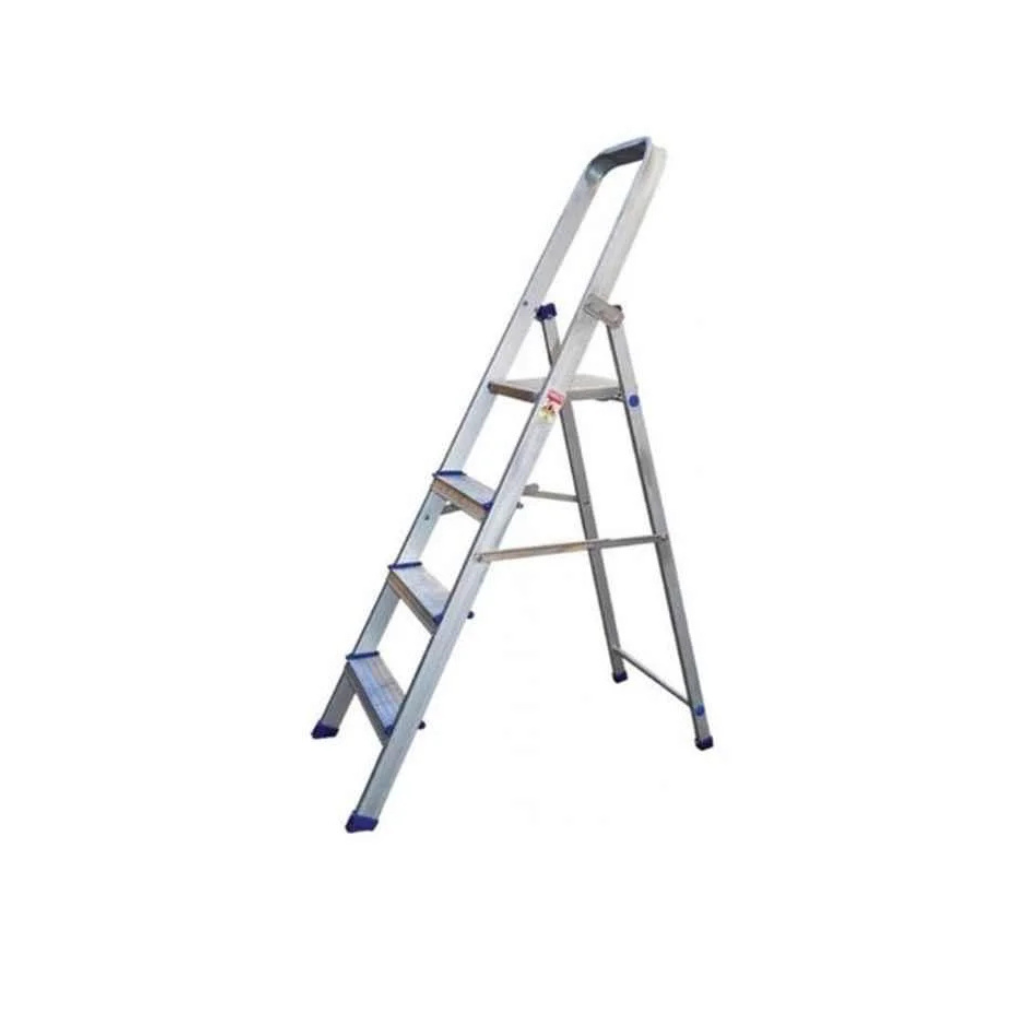 Aluminum step ladder with four steps and a safety handle for support.