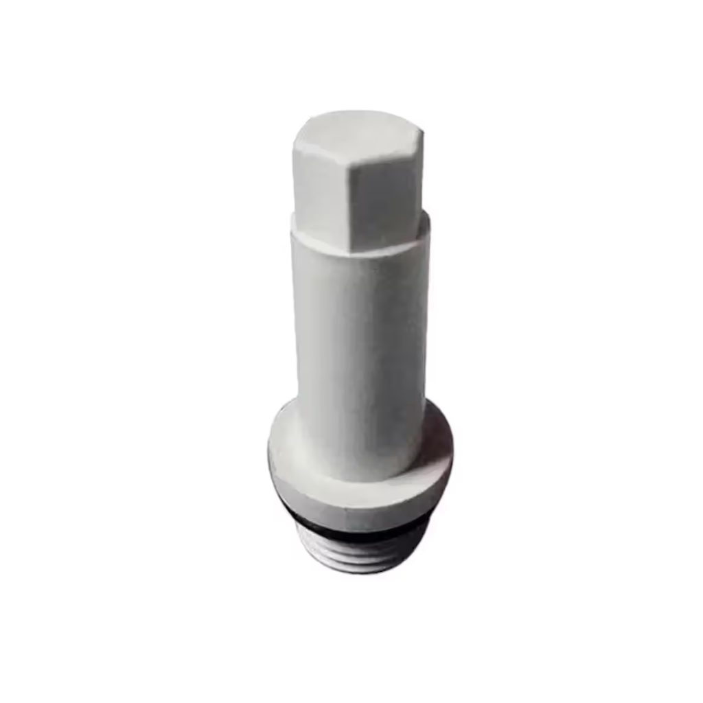 White threaded PVC plug for sealing irrigation or plumbing systems.