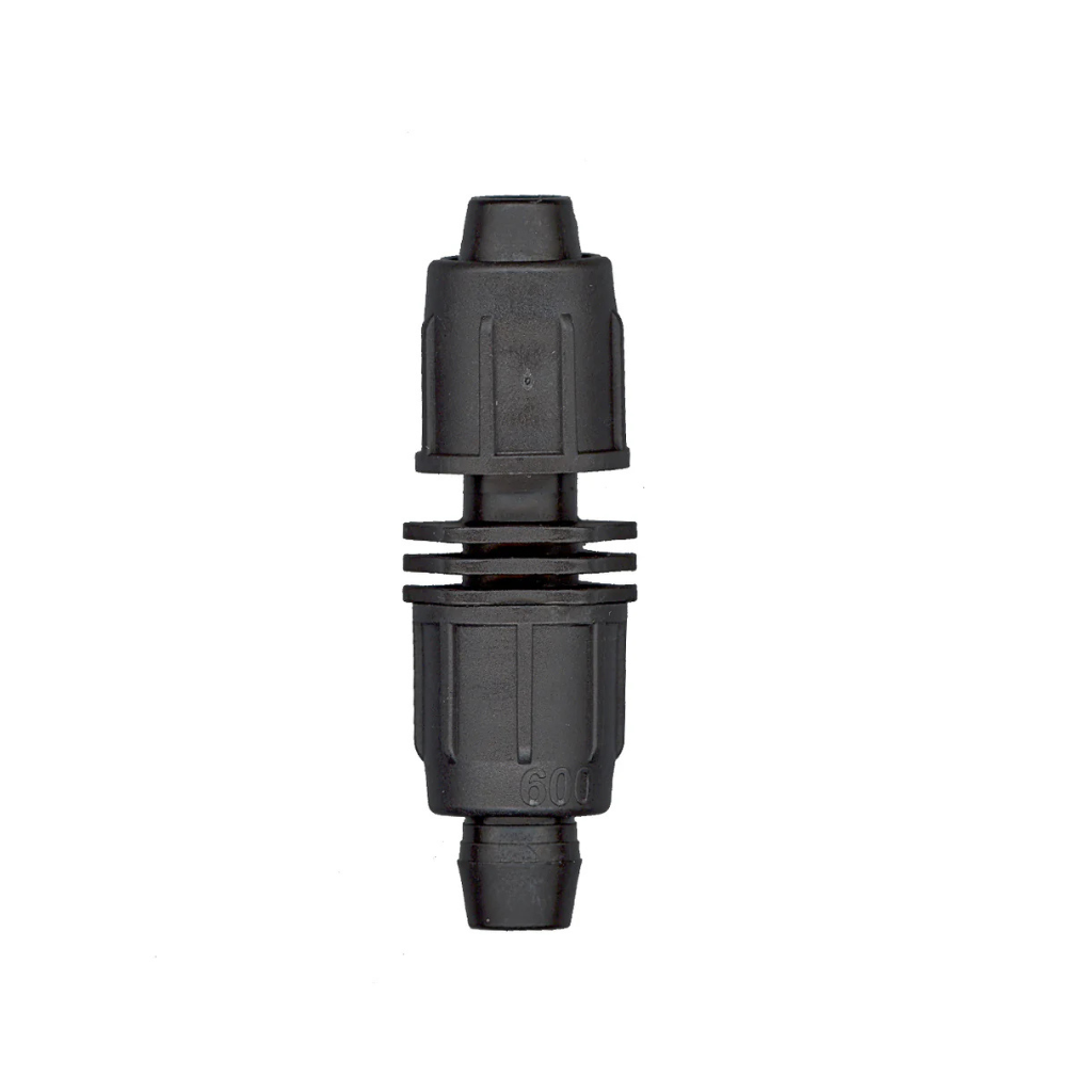 Black inline drip irrigation connector for water flow regulation systems.