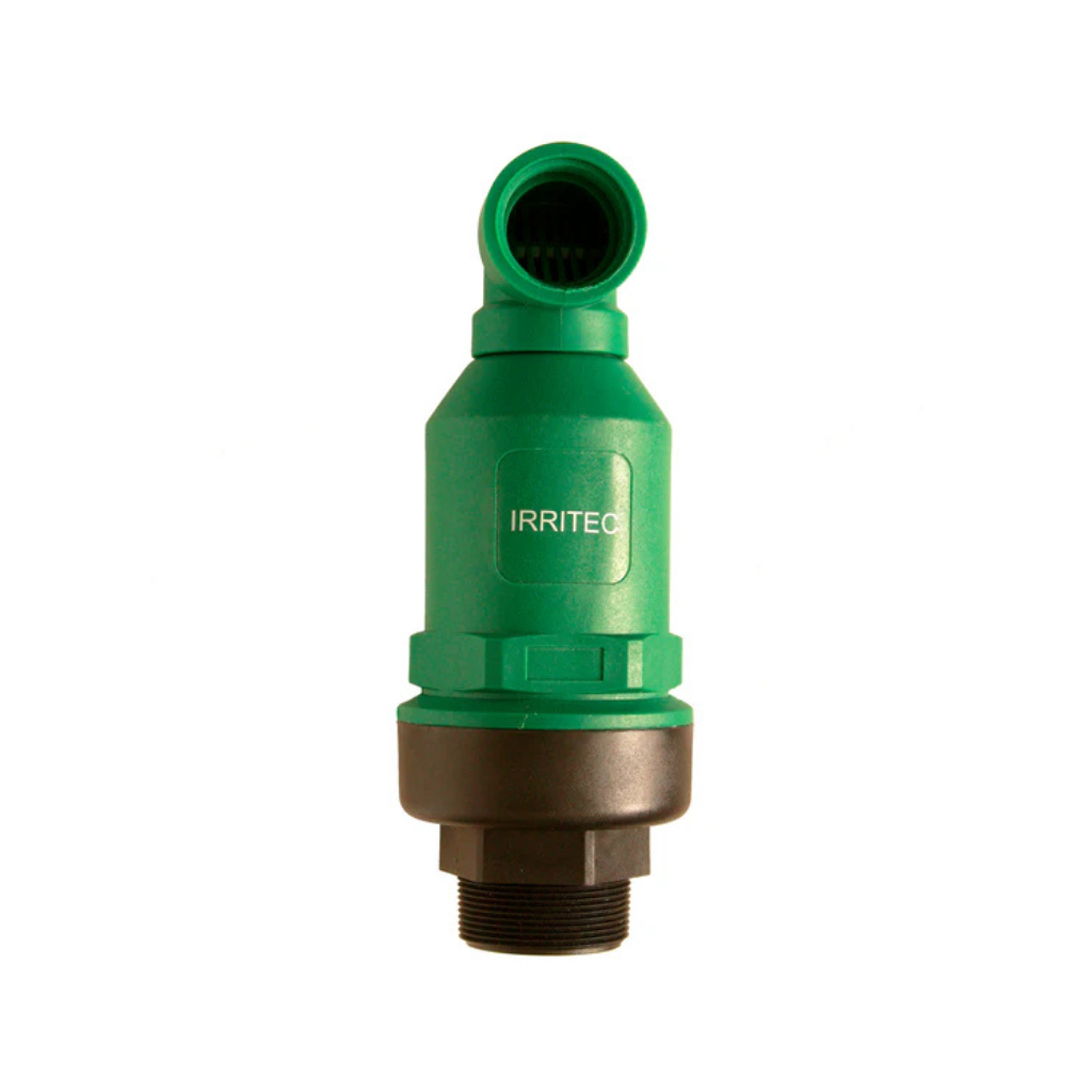 Green irrigation filter with threaded connection, by 'IRRITEC' for water systems.