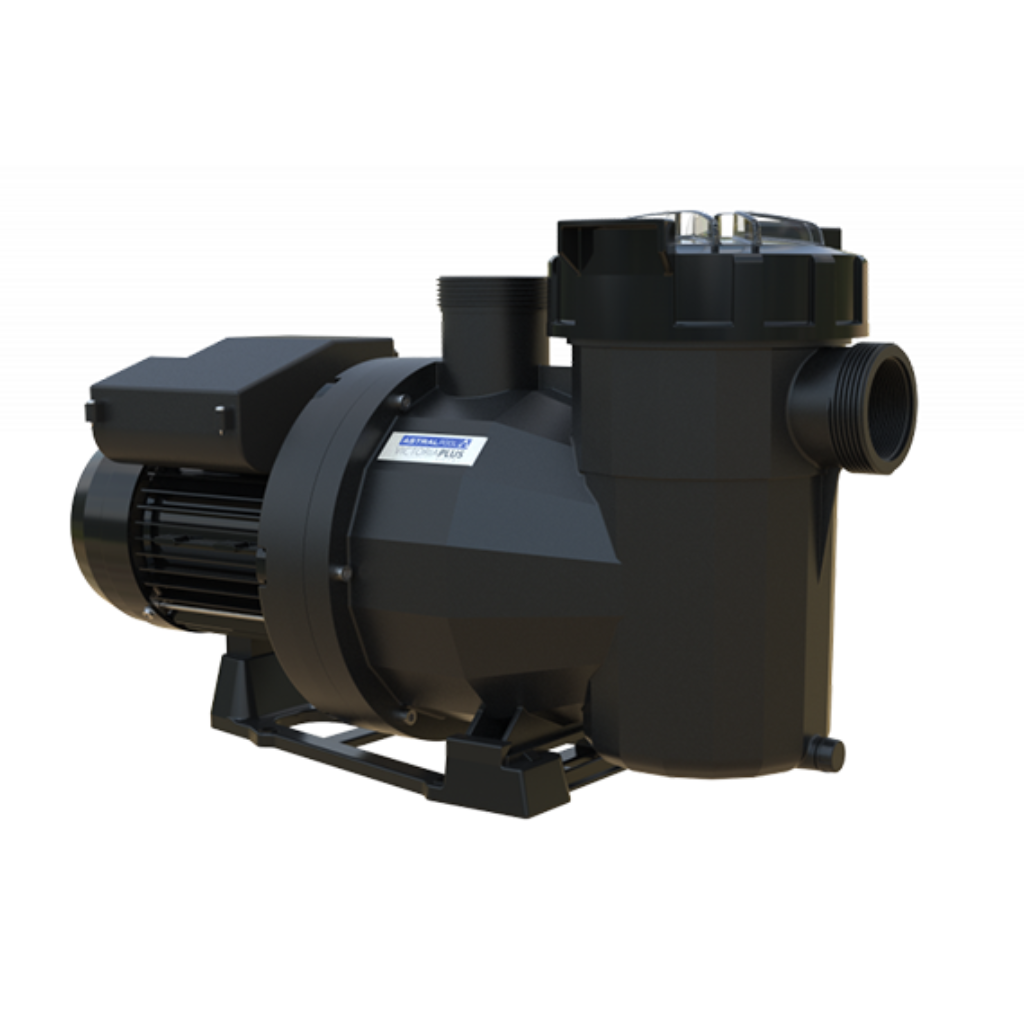 Black swimming pool pump with a motor and filtration housing for water circulation