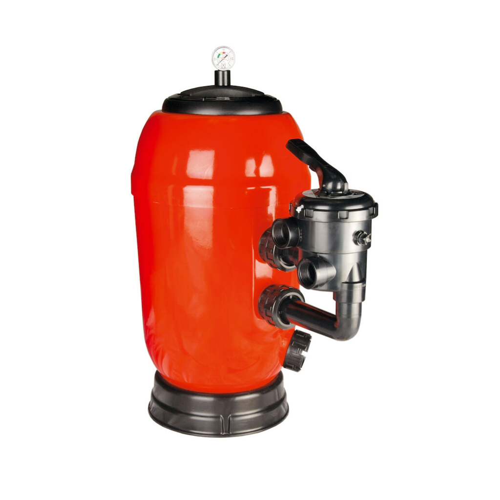 Red swimming pool sand filter with a black multiport valve for water filtration