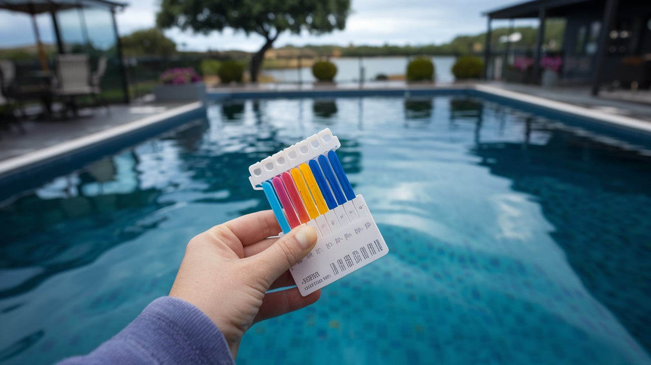 Hand holding a pool water testing kit with a swimming pool in the background.