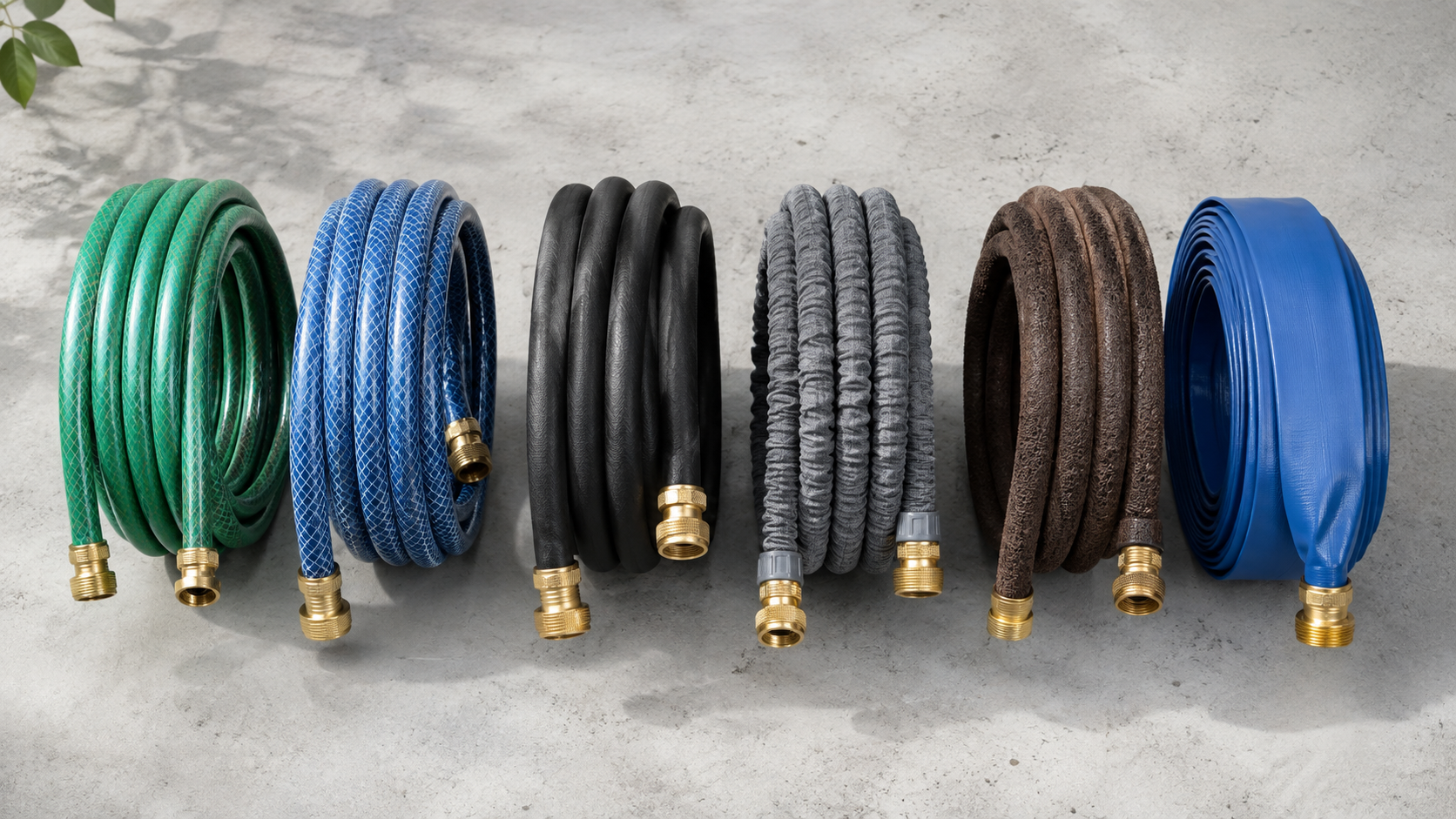 Different hose pipe types laid side by side including braided PVC, rubber and expandable hose