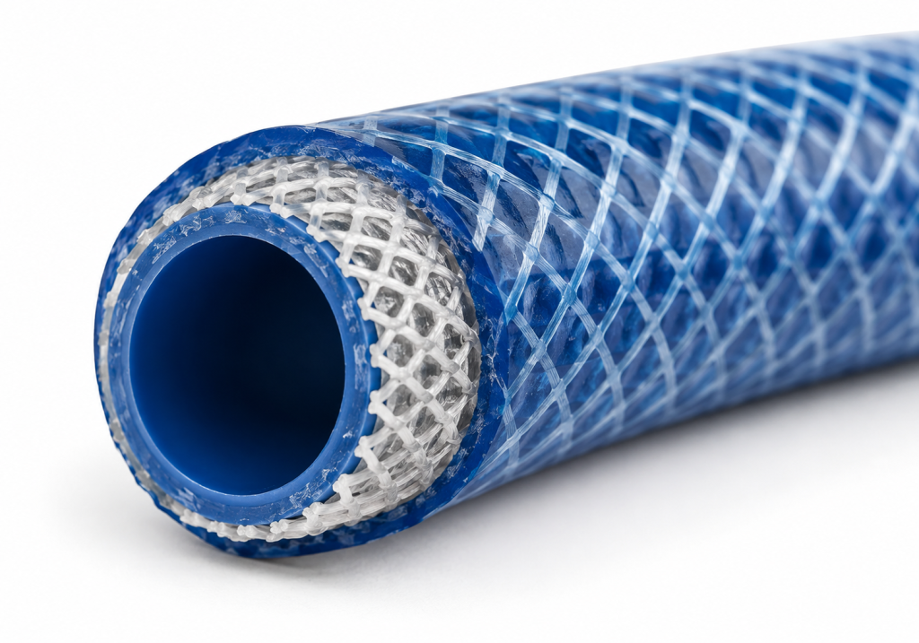 Cut-away view of a braided PVC hose pipe showing the polyester reinforcement layer inside