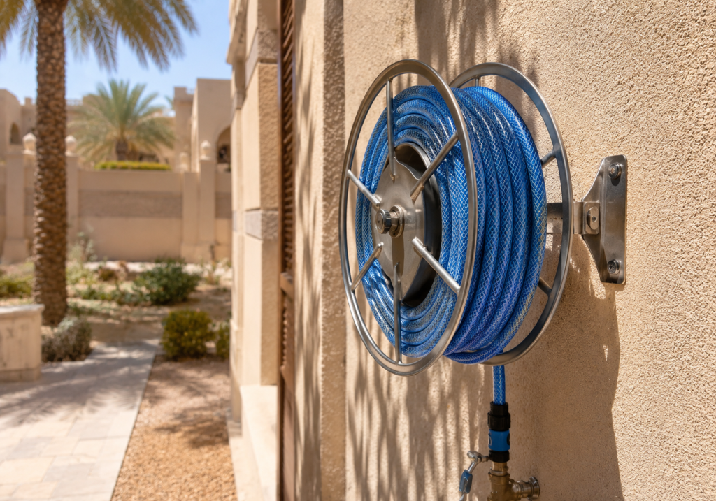 Garden hose pipe stored neatly on a wall-mounted reel in shade at a Dubai villa