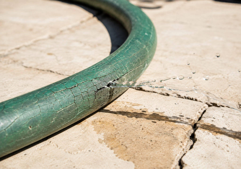 Cracked garden hose pipe damaged by UV exposure lying in direct sunlight