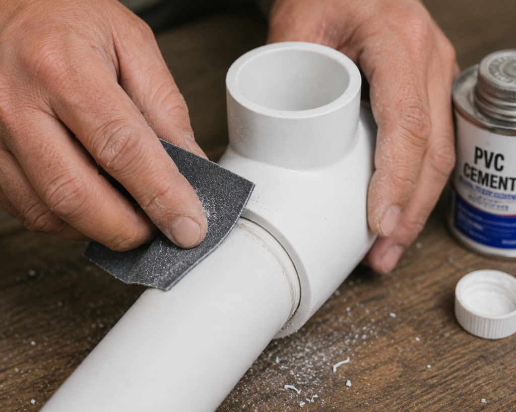 How to Remove PVC Pipe Glue: 10 Proven Methods for 2026 4 Sanding dried PVC glue off a pipe fitting with coarse-grit sandpaper