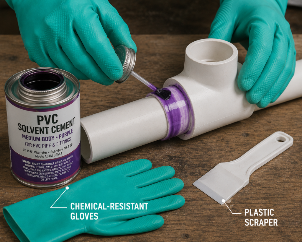 How to Remove PVC Pipe Glue: 10 Proven Methods for 2026 3 PVC glue remover and chemical-resistant gloves for solvent application