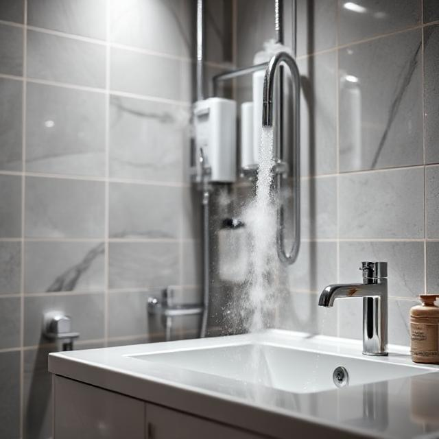 A modern bathroom or kitchen with visible plumbing and hot water usage (e.g., steam rising from a faucet). The image should convey efficiency and reliability.