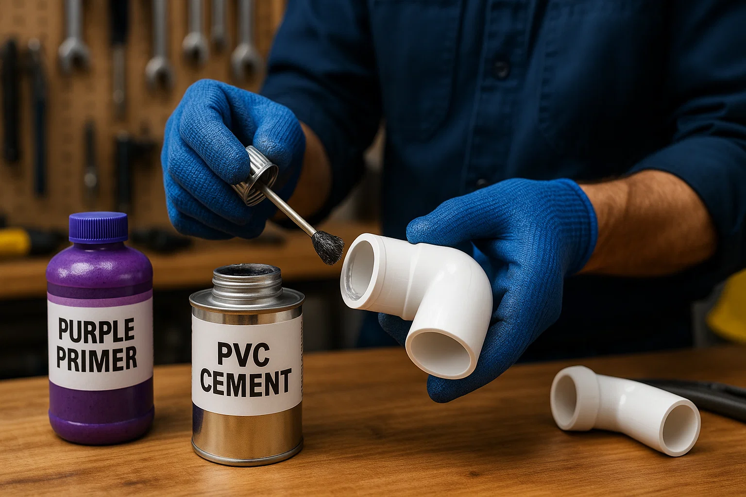 Professional demonstrating how to glue PVC pipe with proper technique and tools