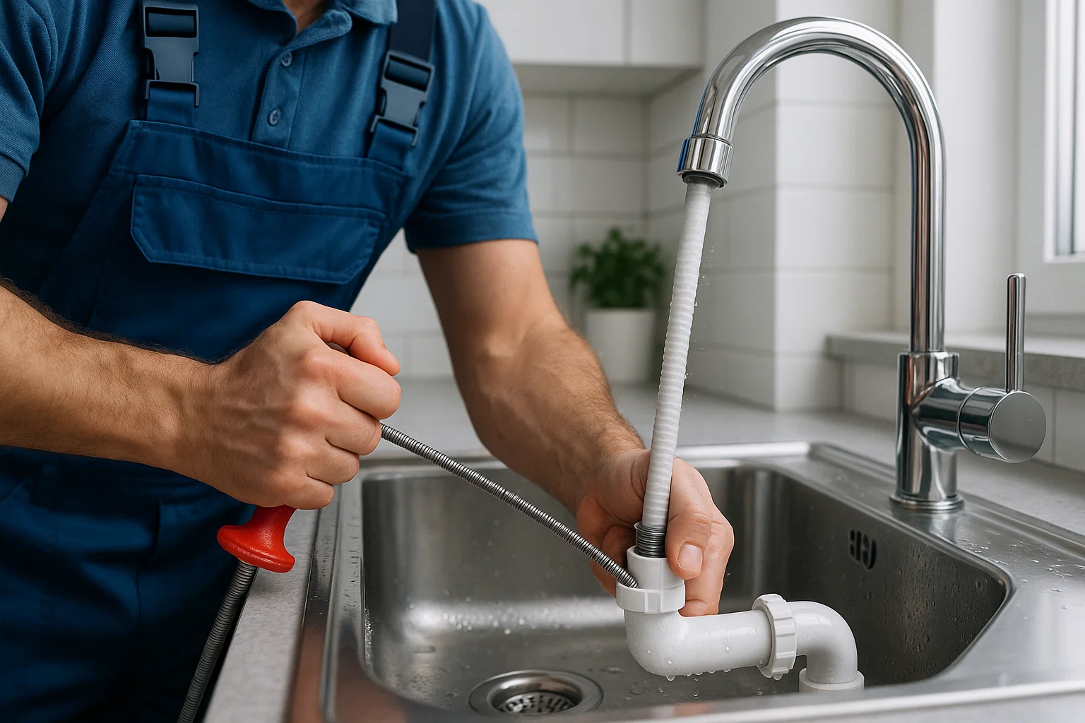 Professional plumber clearing blocked drainage pipe with drain snake
