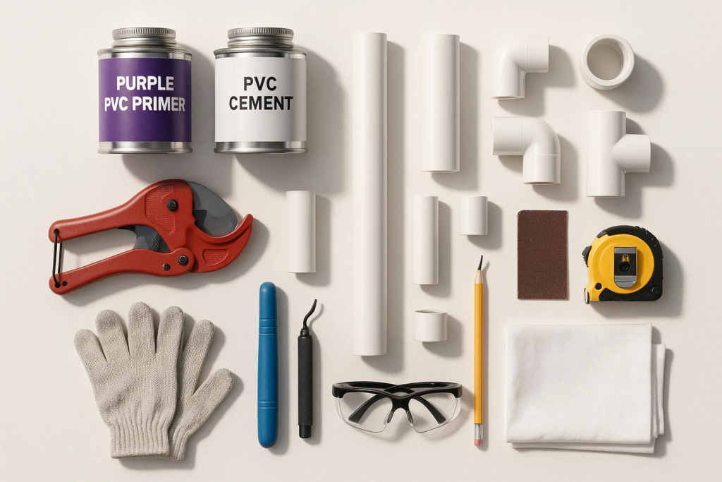 Complete set of tools and materials needed for gluing PVC pipes