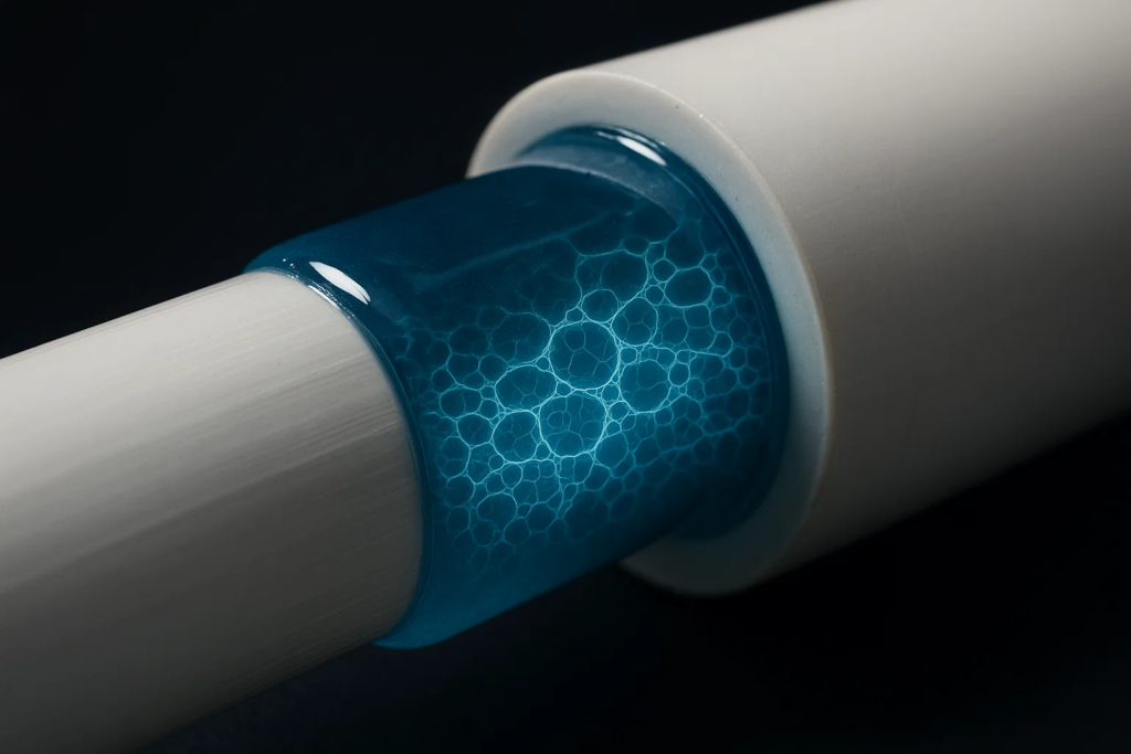 Close-up of PVC cement creating chemical weld between pipe and fitting