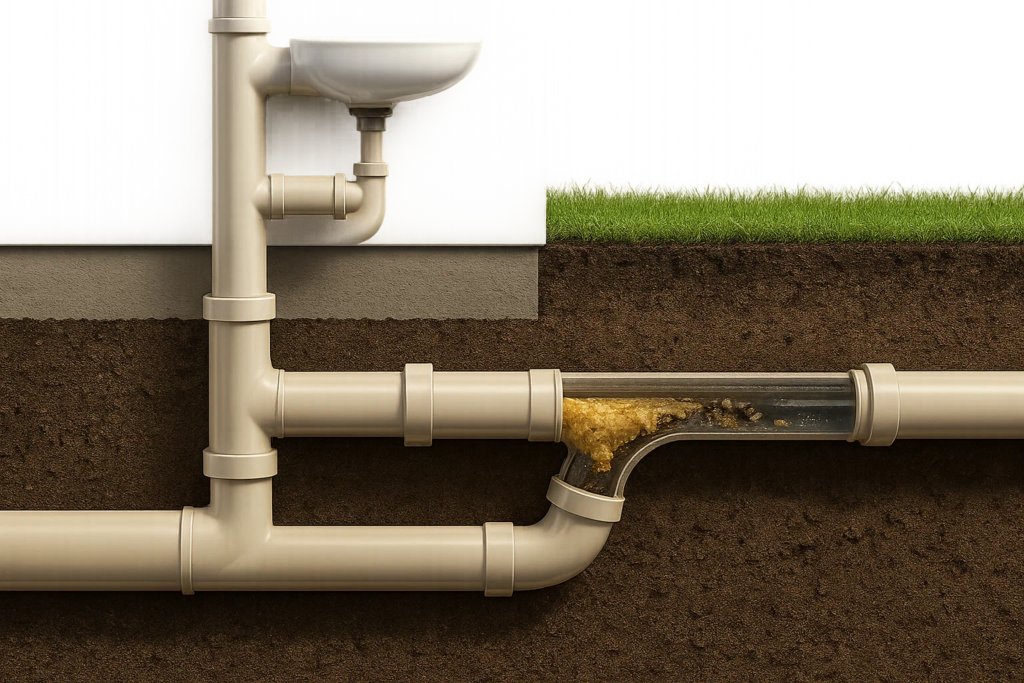 Cross-section view of drainage pipe showing blockage buildup