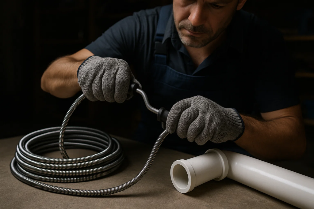 Drain snake tool being used to mechanically clear pipe blockage