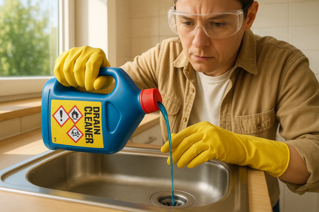 Safe application of chemical drain cleaner with proper protection