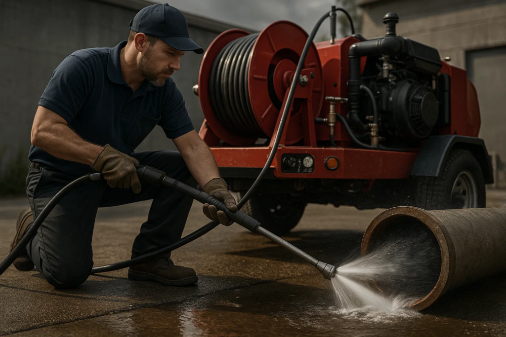Professional high-pressure water jetting clearing severe drain blockage