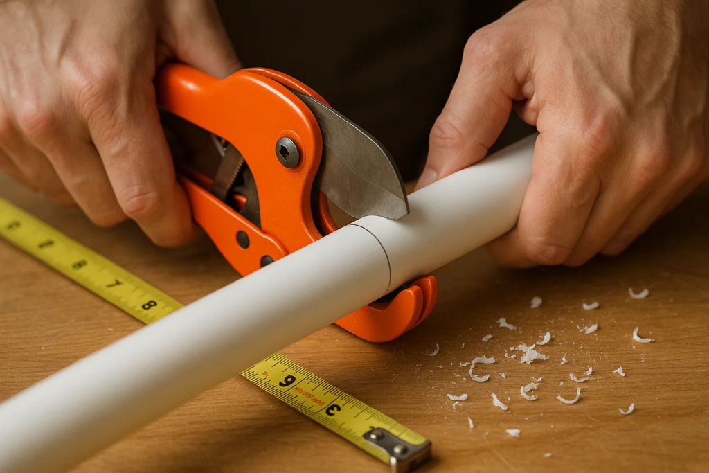 Using PVC pipe cutter to make clean perpendicular cut on pipe