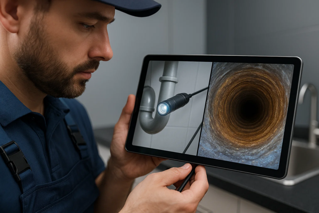 Professional drain camera inspection technology in use
