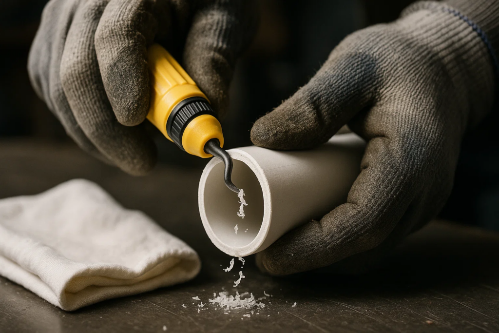 Deburring PVC pipe edges to remove rough burrs after cutting