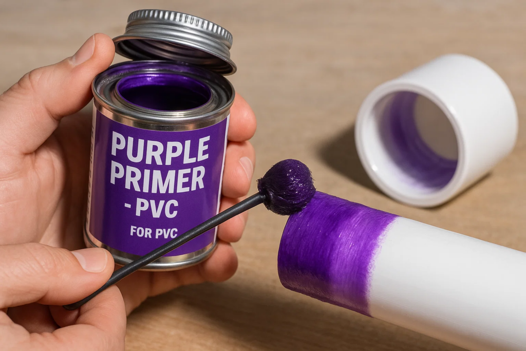 Applying purple PVC primer to pipe and fitting before cementing