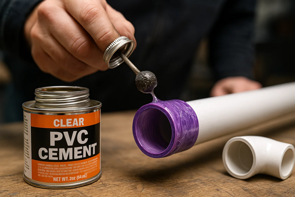 Applying PVC cement quickly to primed pipe surface