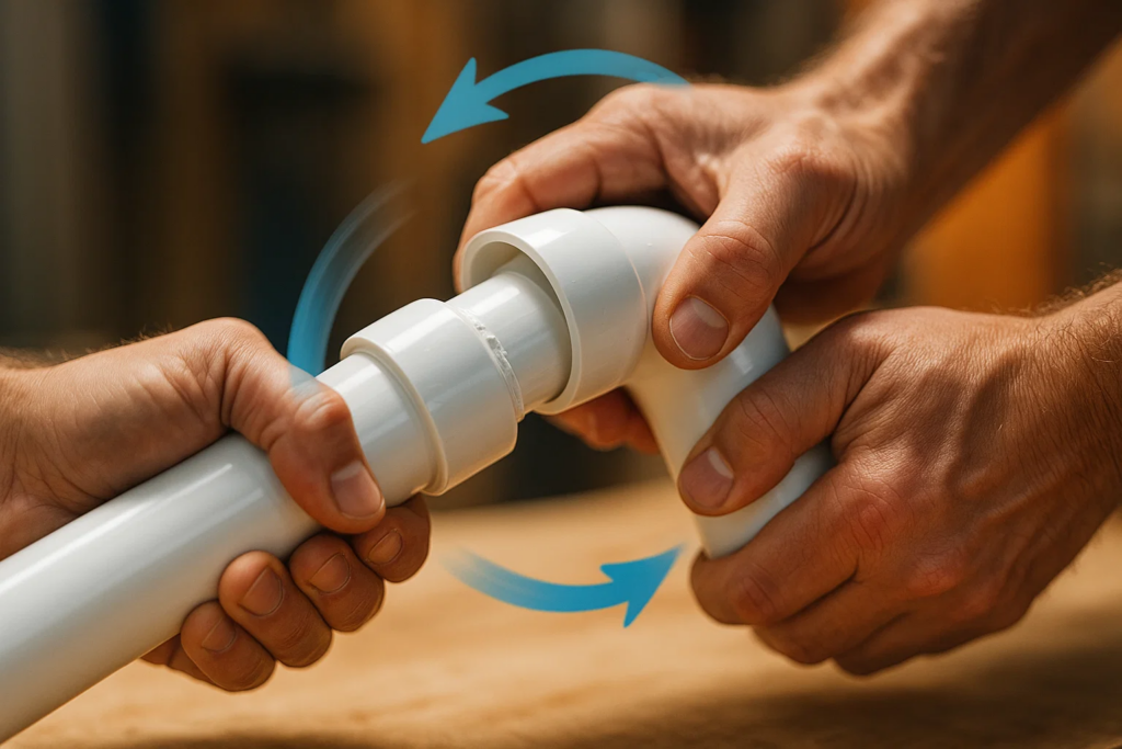 Joining PVC pipe and fitting with quarter-turn twist for proper bonding