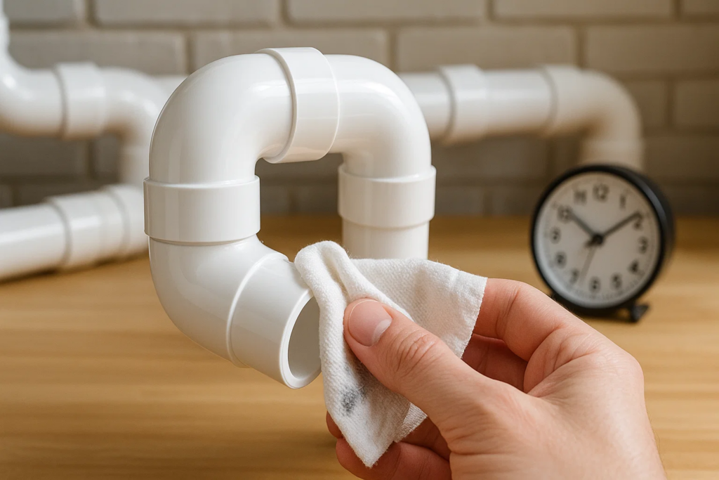 Wiping excess PVC cement from completed joint before curing period