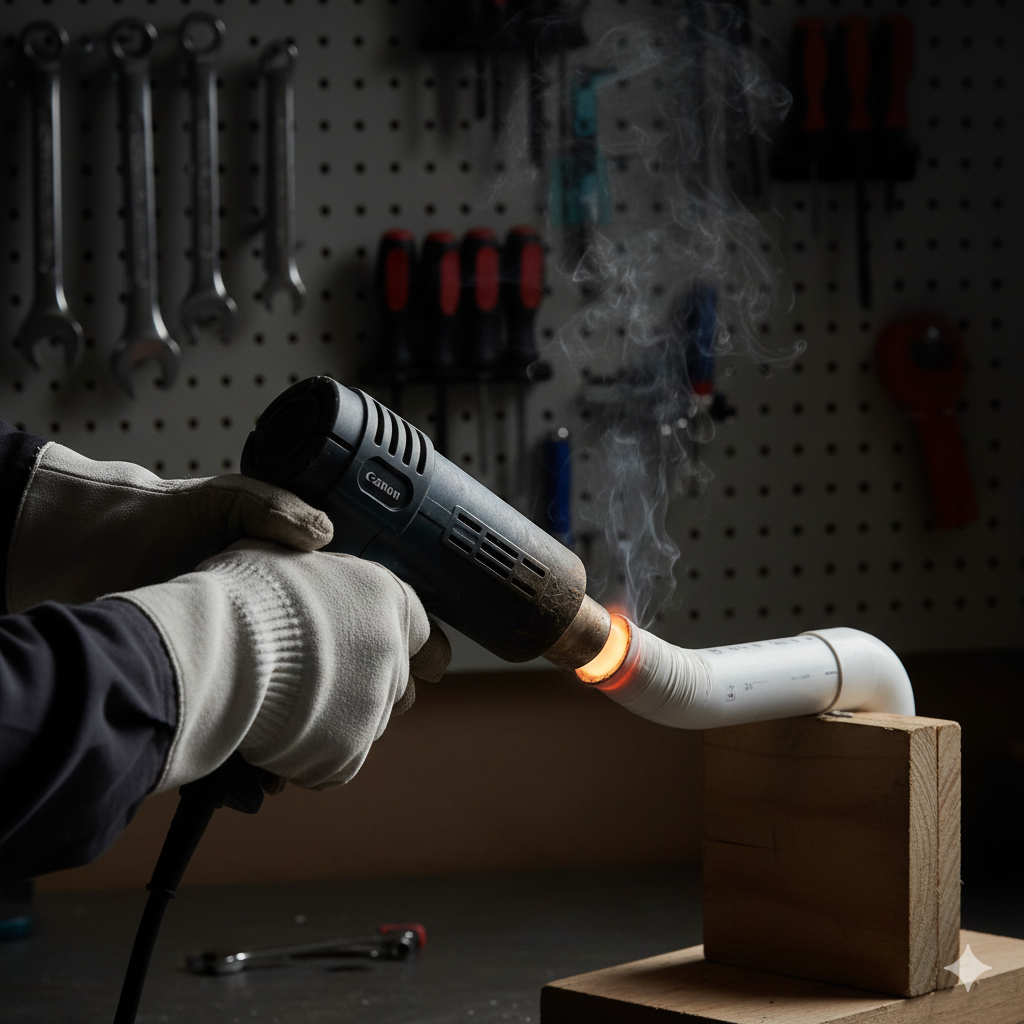 Professional technique for bending PVC pipe using heat gun showing proper hand position and curved result