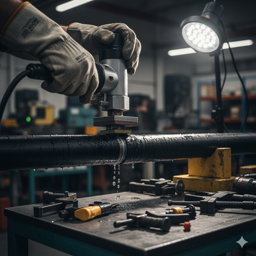 Professional plumber repairing HDPE pipe leak using heat fusion welding technique with specialized tools