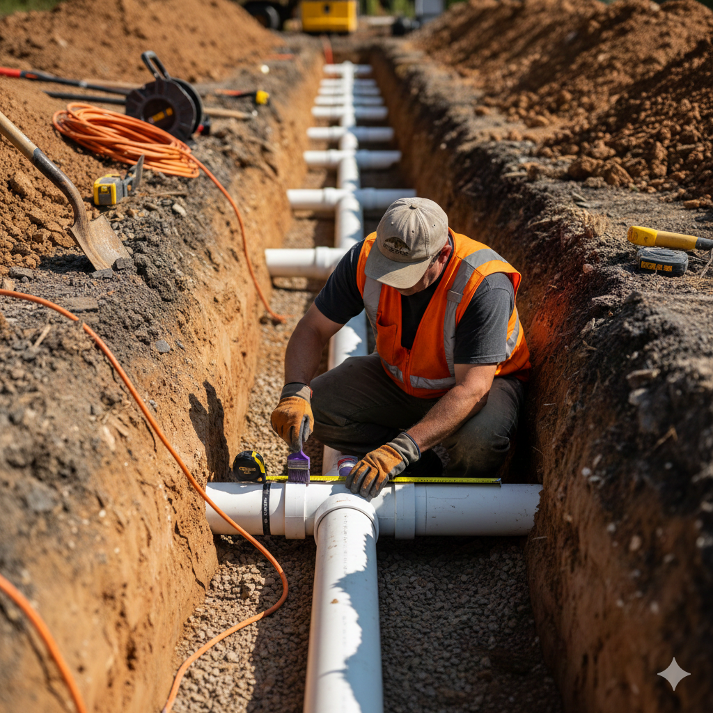 Professional installer installing PVC pipes underground in trench with proper depth and bedding techniques