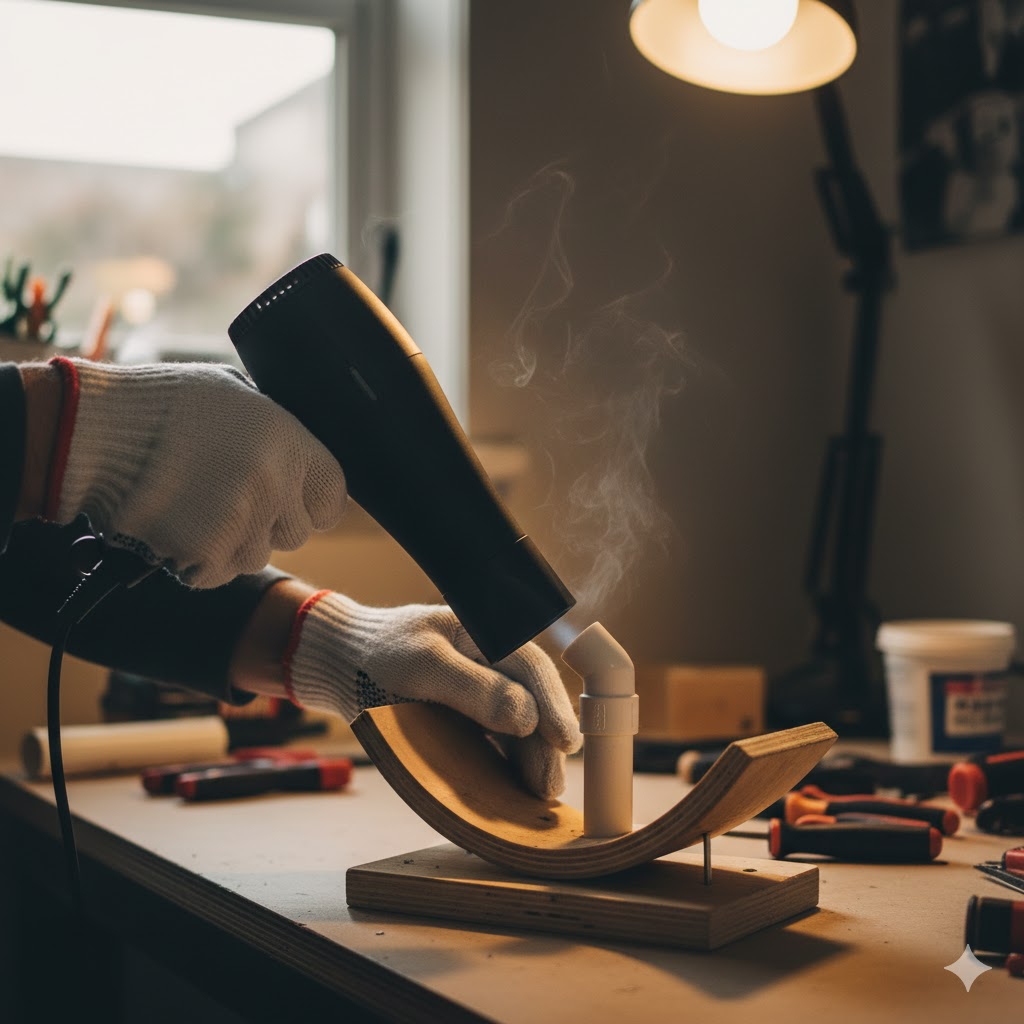 Hair dryer method for bending small diameter PVC pipe showing proper heating technique and hand positioning