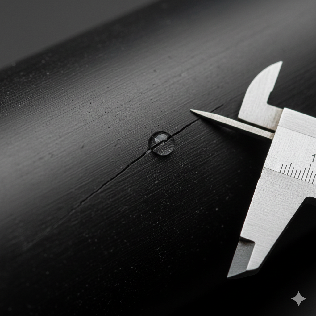 Close-up view of HDPE pipe leak showing crack detail and water seepage on black polyethylene surface