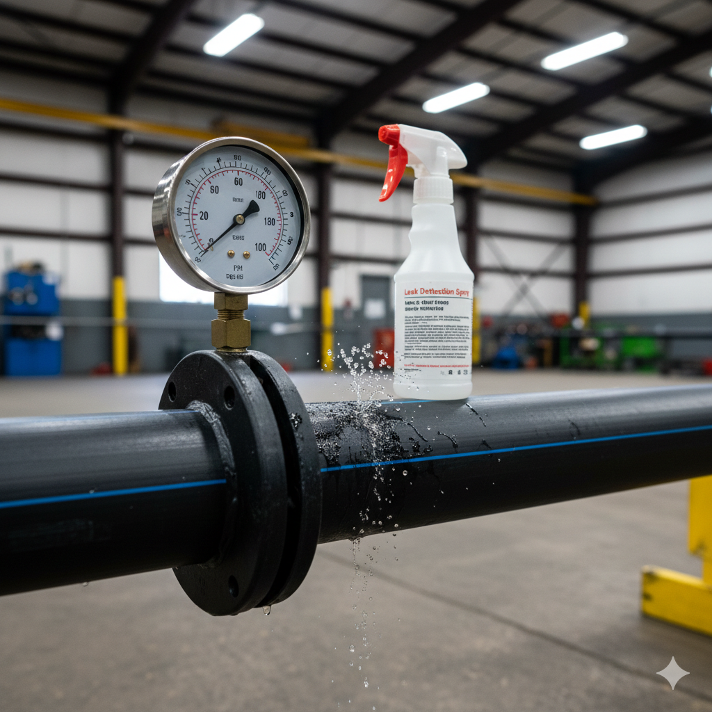  Pressure testing HDPE pipe system with gauge showing pressure reading during leak detection process