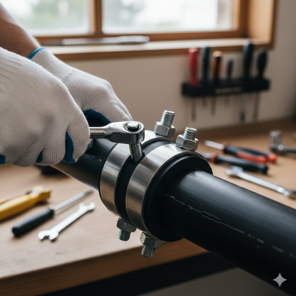 Installing repair clamp with rubber gasket on HDPE pipe leak for temporary emergency fix