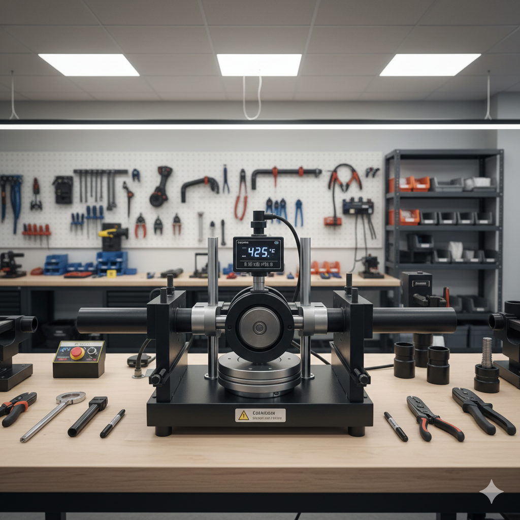 Socket fusion welding machine setup for HDPE pipe repair showing temperature controls and pipe alignment