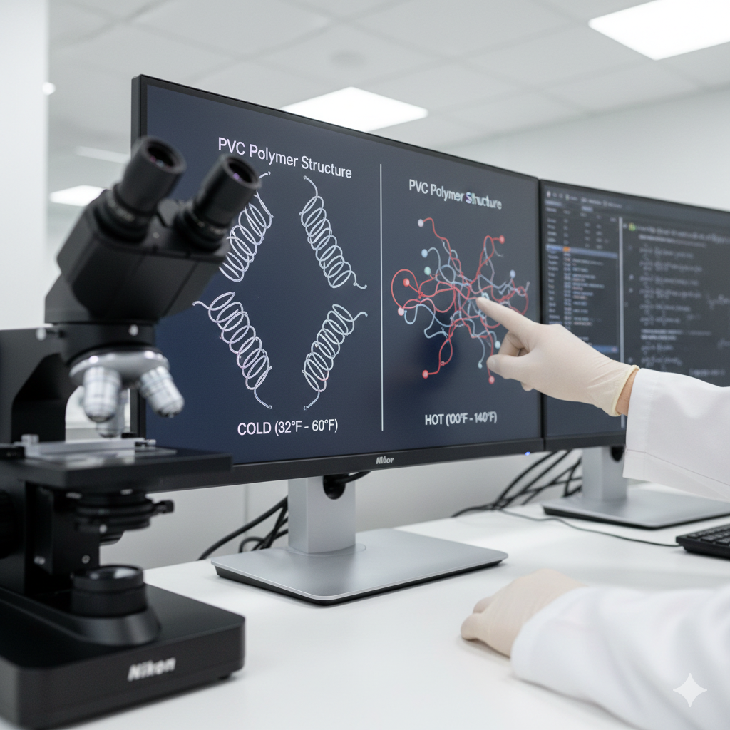 PVC molecular structure analysis showing how temperature affects polymer chains and pipe performanc