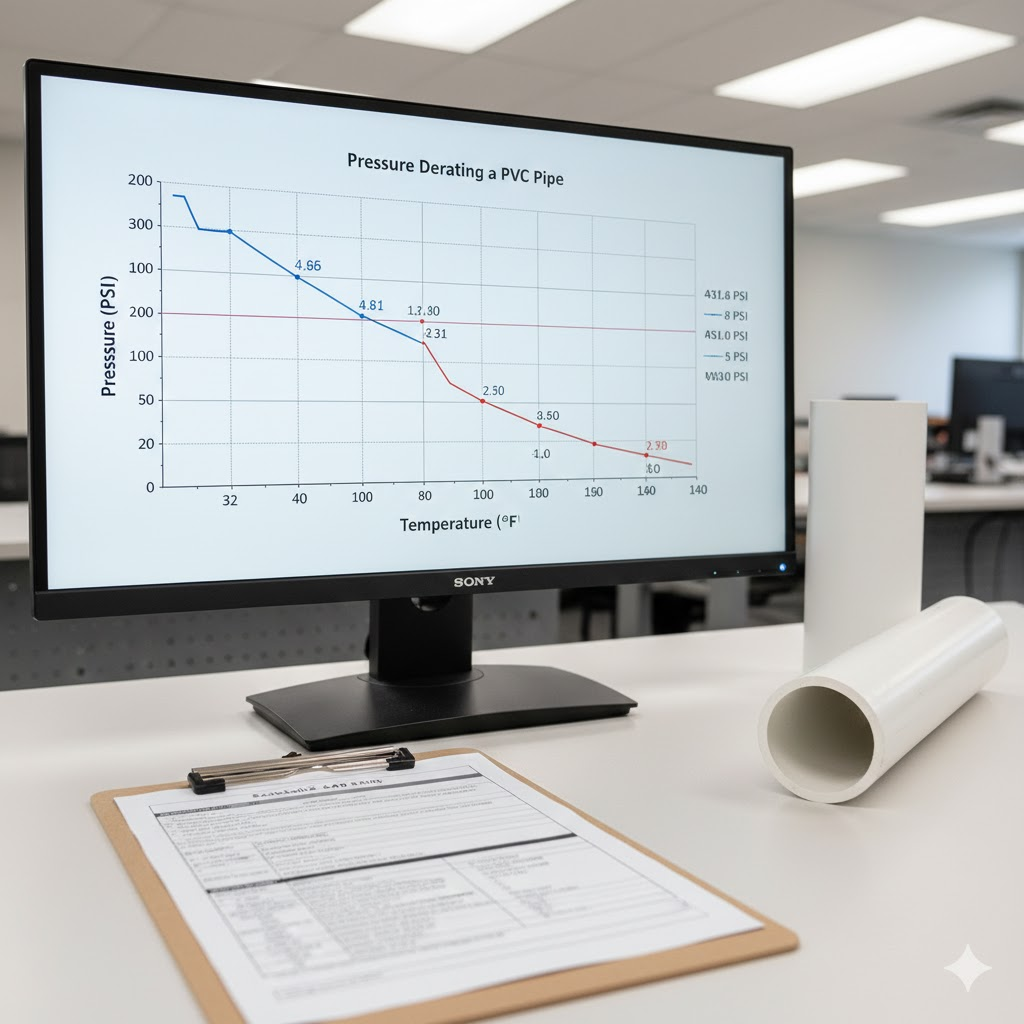 PVC pipe pressure derating chart showing how temperature increases reduce safe working pressure capacity