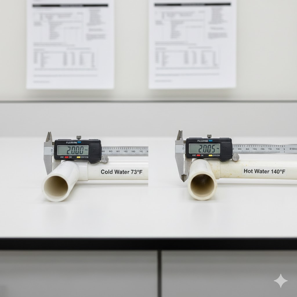 Comparison of PVC pipes exposed to cold versus hot water showing thermal expansion and material changes